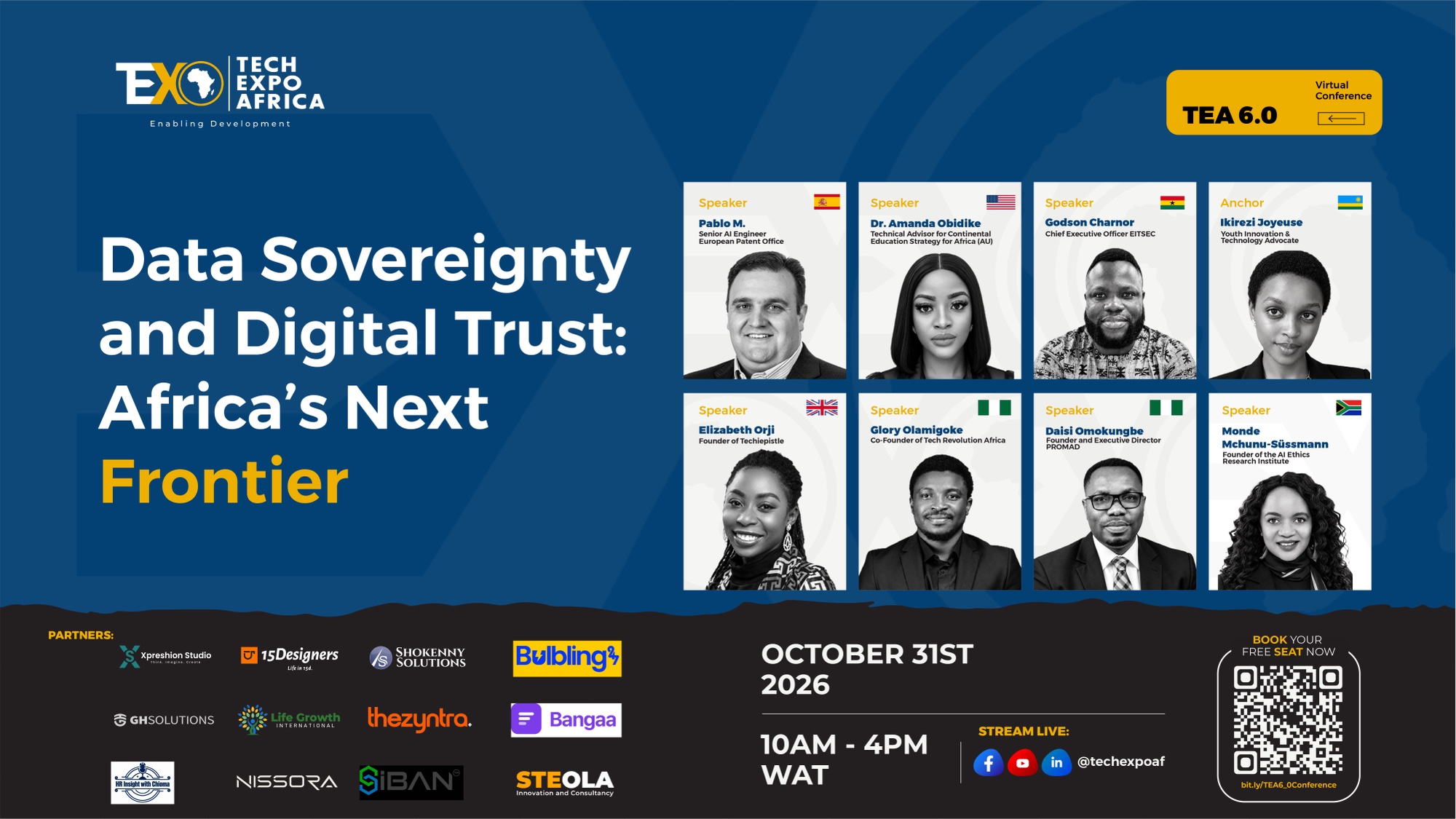 TEA 6.0 Virtual Conference flyer: Data Sovereignty and Digital Trust, Africa's Next Frontier — 31 October 2026, speakers and partners